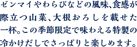 ゼンマイやわらびなどの風味、食感が際立つ山菜煮、大根おろしを載せた一杯。この季節限定で味わえる特製の冷かけだしでさっぱりと楽しめます。