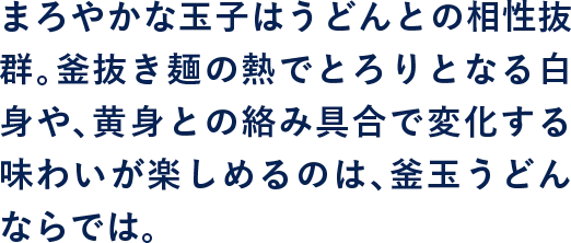 玉子も、うどんに合うような旨みの強いものを使用。釜抜き麺の熱でとろりとなる白身や、黄身との絡み具合で変化する味わいが楽しめるのは、釜玉うどんならでは。