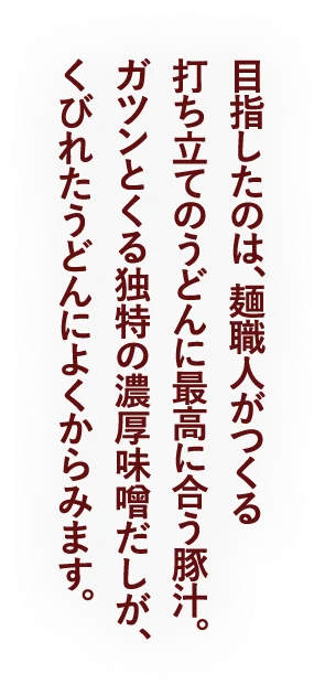 目指したのは、麺職人がつくる打ち立てのうどんに最高に合う豚汁。ガツンとくる独特の濃厚味噌だしが、くびれたうどんによくからみます。