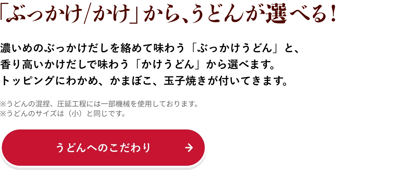 「ぶっかけ/かけ」から、うどんが選べる！ 濃いめのぶっかけだしを絡めて味わう「ぶっかけうどん」と、香り高いかけだしで味わう「かけうどん」から選べます。トッピングにわかめ、かまぼこ、玉子焼きが付いてきます。
                            ※うどんの混捏、圧延工程には一部機械を使用しております。
                            ※うどんのサイズは（小）と同じです。
                            うどんへのこだわり→