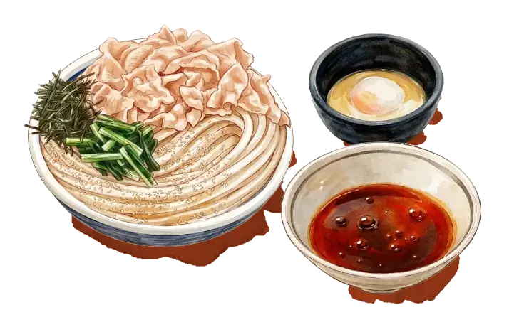 診断結果はAタイプの旨辛豚つけ汁うどん、全力派。打ち立てのうどん3玉に温泉玉子をトッピング。冷たいうどんに旨辛なつけ汁と温泉玉子がよく絡んで、最後まで余すことなくお楽しみいただけます。