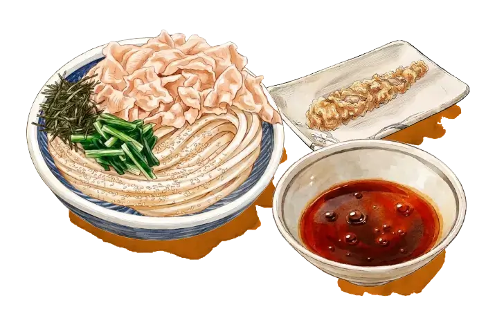 診断結果はCタイプの旨辛豚つけ汁うどん、ジューシー旨辛派。打ち立てのうどん2.5玉に人気のかしわ天を加えて、かしわ天をつけ汁に浸して、ジューシーでコク深い味わいを楽しめます。