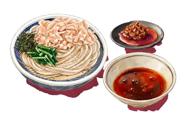 診断結果はEタイプの旨辛豚つけ汁うどん、辛党アレンジ派。打ち立てうどん1.5玉に無料薬味のしび辛ラー油をトッピング。旨辛のつけ汁に入れてお好みの辛さに。しびれる辛さはもちろん、コクが増して箸がとまりません。