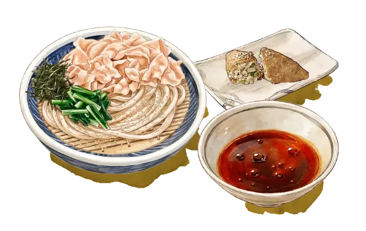 診断結果はGタイプの旨辛豚つけ汁うどん、刺激が欲しい派。打ち立てうどんは1玉にして、わさびいなりを追加。ツンとした葉わさびの刺激と、つけ汁の甘辛さの異なる刺激を楽しみたい方におすすめです。