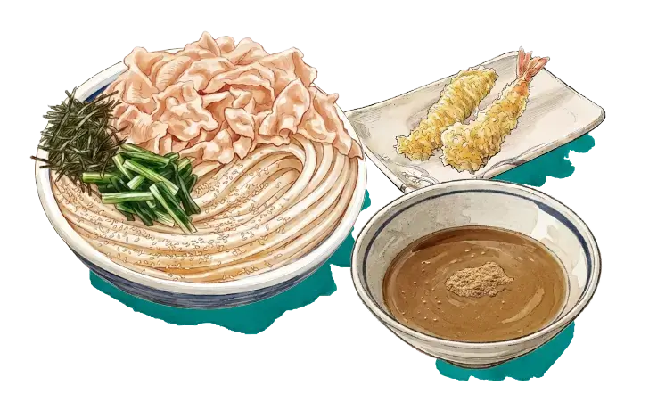 診断結果はBタイプの濃厚魚介豚つけ汁うどん、魚介を満喫派。打ち立てのうどん3玉にいか天、えび天を添えて、魚介の天ぷら2種を濃厚魚介のつけ汁に浸して、存分に味わう大満足な楽しみ方です。
