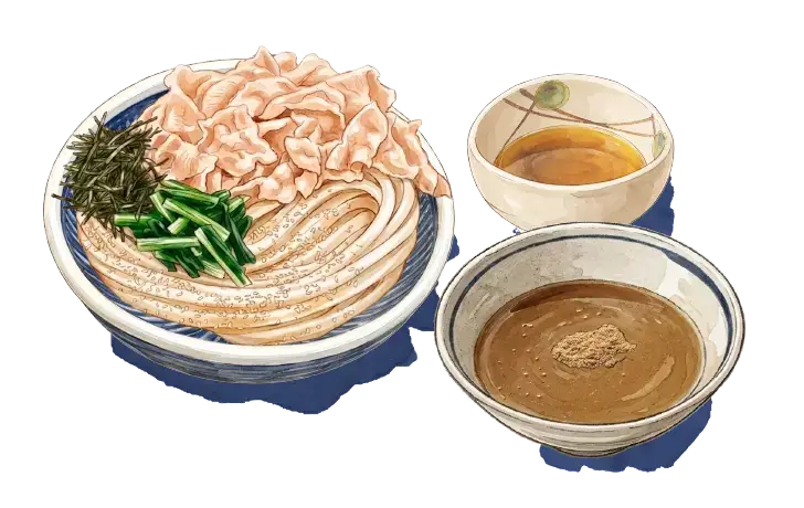診断結果はDタイプの濃厚魚介豚つけ汁うどん、つけ汁まで完食派。打ち立てのうどん2.5玉をしっかり食べた後は、つけ汁にかけだしを入れて締めのスープに。濃厚な魚介の味わいを最後の一滴までお楽しみください。