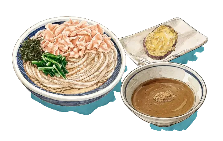 診断結果はFタイプの濃厚魚介豚つけ汁うどん、季節を感じたい派。秋になると食べたくなるさつまいも天を追加。魚介の旨みを感じられるつけ汁で、打ち立てうどんも天ぷらもお楽しみください。