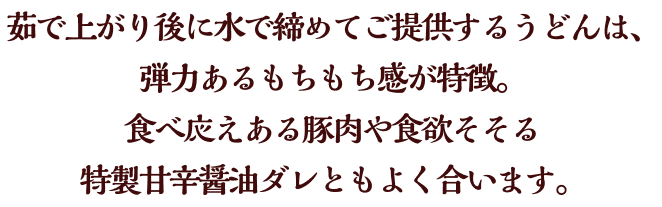 茹で上がり後に水で締めてご提供するうどんは、弾力あるもちもち感が特徴。食べ応えある豚肉や食欲そそる特製甘辛醤油ダレともよく合います。