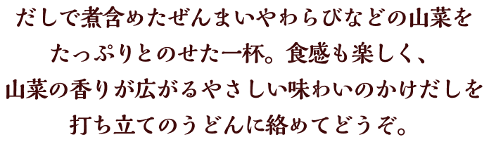 だしで煮含めたぜんまいやわらびなどの山菜をたっぷりとのせた一杯。食感も楽しく、山菜の香りが広がるやさしい味わいのかけだしを打ち立てのうどんに絡めてどうぞ。