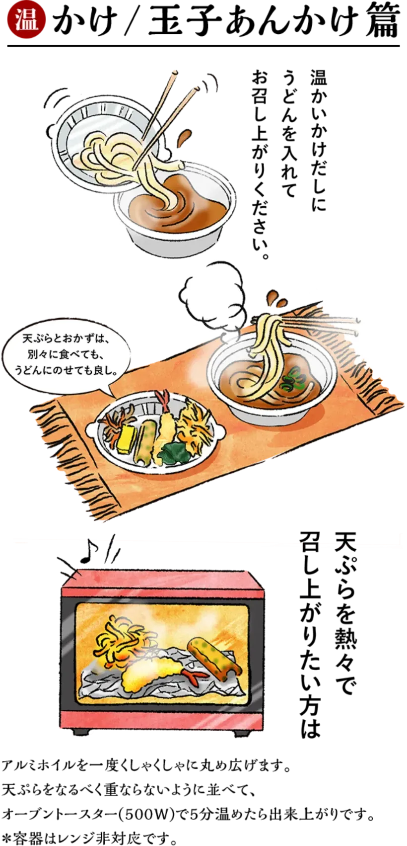 「温」かけ/玉子あんかけ編　温かいかけだしにうどんを入れてお召し上がりください。天ぷらとおかずは、別々に食べても、うどんにのせても良し。天ぷらを熱々で召し上がりたい方は アルミホイルを一度くしゃくしゃに丸め広げます。天ぷらをなるべく重ならないように並べて、オーブントースター（500W）で５分温めたら出来上がりです。*