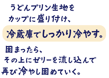 うどんプリン生地をカップに盛り付け、冷蔵庫でしっかり冷やす。固まったら、その上にゼリーを流し込んで再び冷やし固めていく。