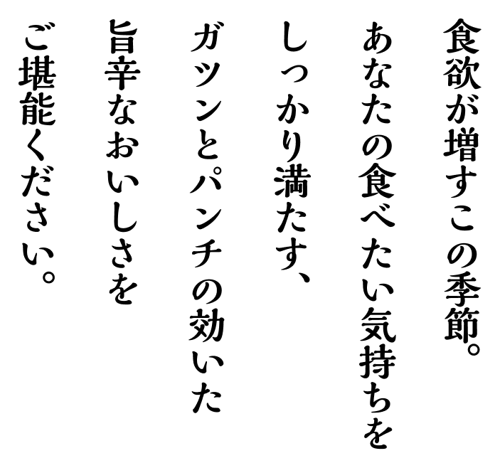 食欲が増すこの季節。あなたの食べたい気持ちをしっかり満たす、ガツンとパンチの効いた旨辛なおいしさをご堪能ください。