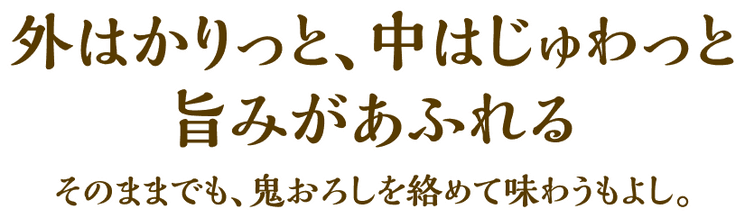 外はかりっと、中はじゅわっと旨みがあふれる そのままでも、鬼おろしを絡めて味わうもよし。