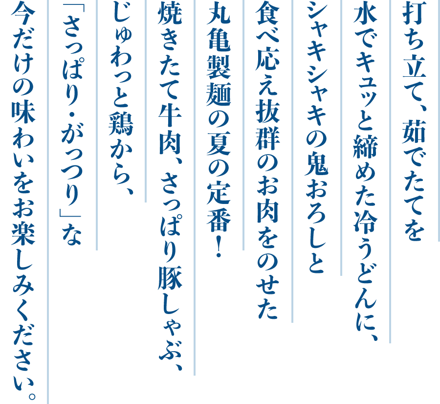 打ち立て、茹でたてを水でキュッと締めた冷うどんに、シャキシャキの鬼おろしと食べ応え抜群のお肉をのせた丸亀製麺の夏の定番！焼きたて牛肉、じゅわっと鶏から、さっぱり豚しゃぶ、「さっぱり・がっつり」な今だけの味わいをお楽しみください。