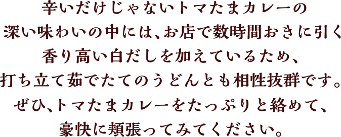 辛いだけじゃないトマたまカレーの深い味わいの中には、お店で数時間おきに引く香り高い白だしを加えているため、打ち立て茹でたてのうどんとも相性抜群です。ぜひ、トマたまカレーをたっぷりと絡めて、豪快に頬張ってみてください。