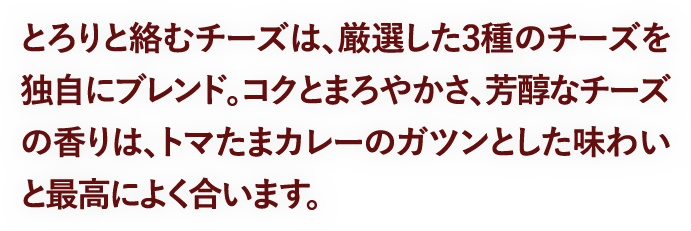 とろりと絡むチーズは、厳選した3種のチーズを独自にブレンド。コクとまろやかさ、芳醇なチーズの香りは、トマたまカレーのガツンとした味わいと最高によく合います。