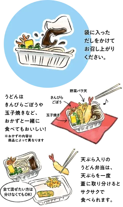 袋に入っただしをかけてお召し上がりください。 うどんは野菜バラ天、きんぴらごぼう、玉子焼きと一緒に食べてもおいしい! 天ぷらは一度蓋に取り分けると、サクサクで食べられます。 全て混ぜたい方は分けなくてもOK!